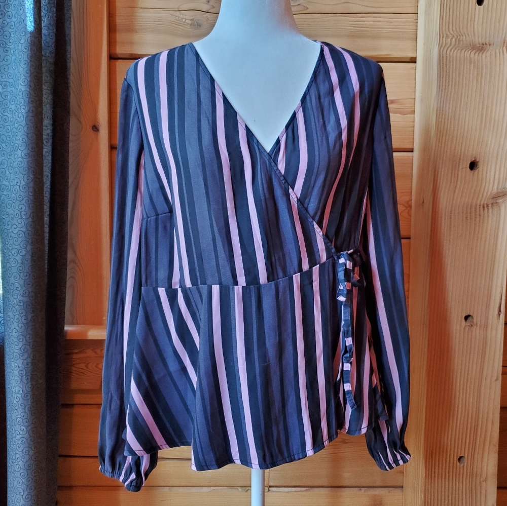 Torrid Black Gray Pink Striped Sheer Cross Front with Tie Blouse SZ 00=10